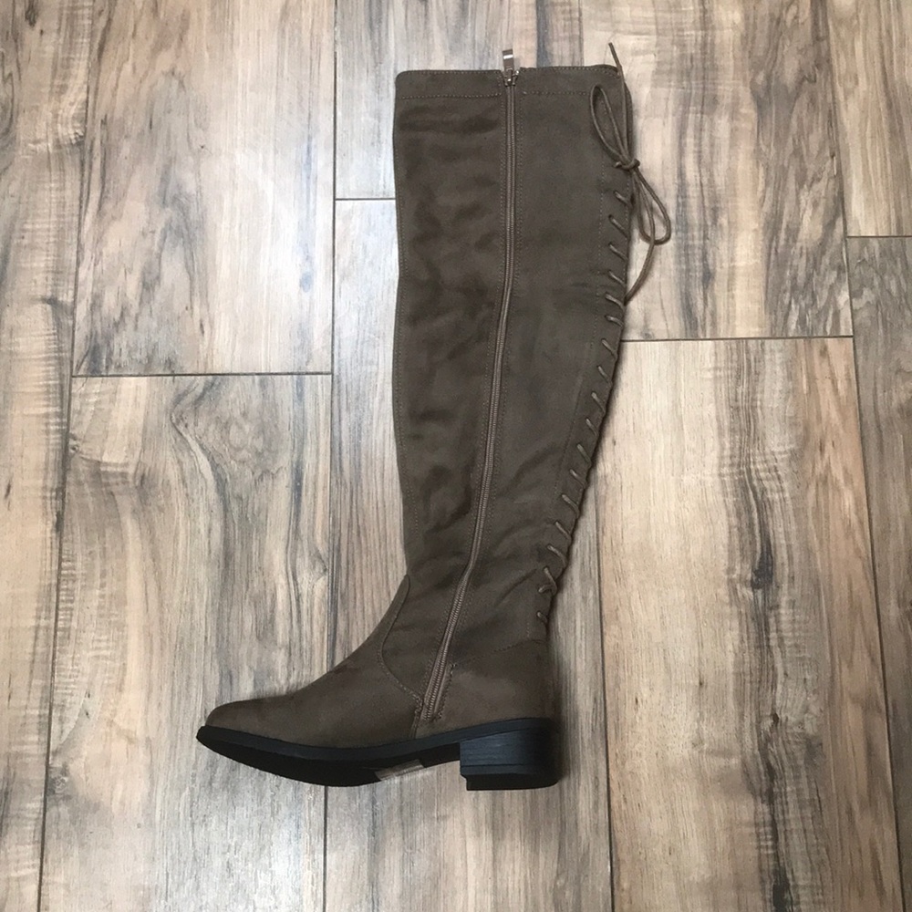 Taupe suede boots over the knee